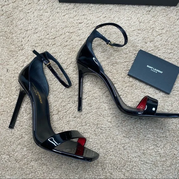 SAINT LAURENT BLACK PATENT VERNICE CHIFFON LEATHER HIGH HEEL SIZE 37 /7 - Picture 12 of 16